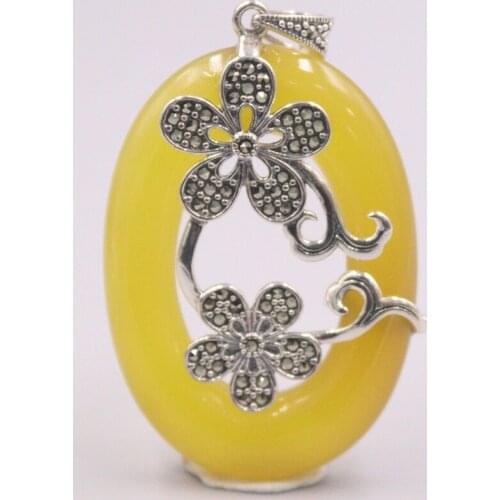 Pure 925 Sterling Silver Pendant 48x30mm Yellow Chalcedony Flowers Pattern Charms For Woman