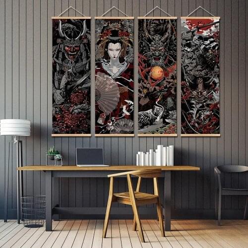 Wooden Wall Art Hanging Print Japanese Samurai Sakuran Ukiyoe Aesthetic Scroll Paintings Vintage Anime Poster For Living Room