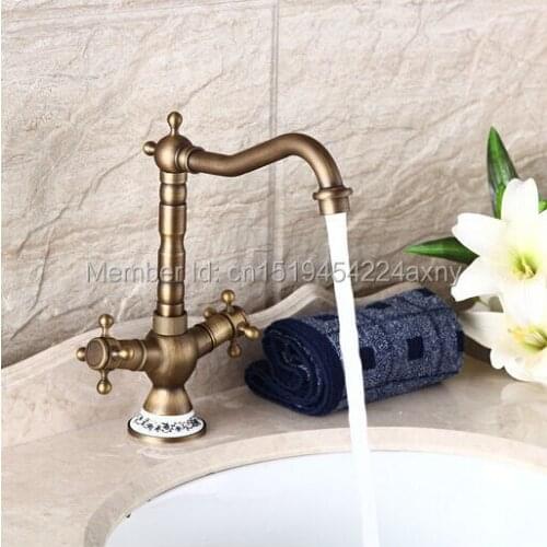 Gizero Bathroom Basin Mixer Vessel Sink Faucet Antique Brass Finish High Quality Porcelain Base Hot and Cold Mixer Tap GI12