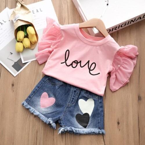 Sweet 2pcs Summer Kids Toddler Girls Clothing Sets Love Heart Print Baby Girls Clothes Short Sleeve T-Shirt Pants Sets