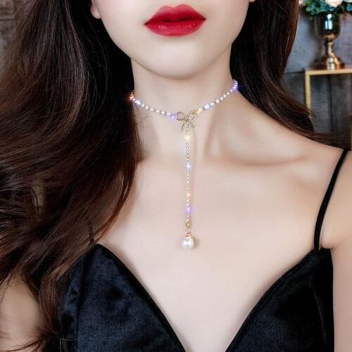 Trendy Bowknot Simulated Pearl Choker Necklace Women Jewelry 2019 Charm Rhinestone Tassel Pendants Necklaces Bijoux Korean New