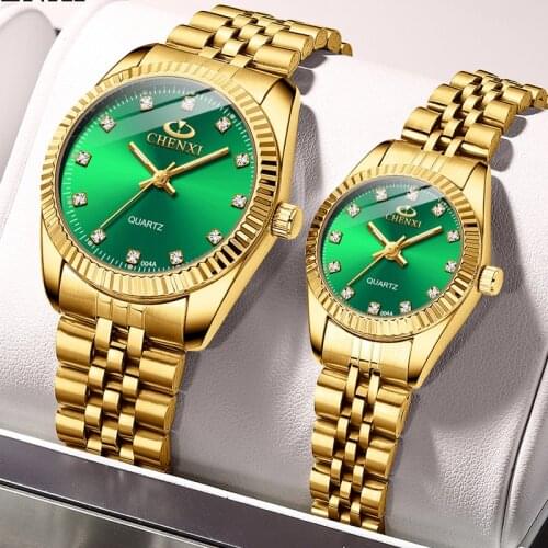 CHENXI Lover Watches Luxury Gold Watch With Green Dial Fashion Business Men Watch Waterproof Paired Watches Women 2021 Relogio