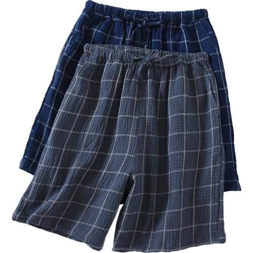 2021 Spring Summer New Men’s Household Plaid Sleep Bottom Comfort 100% Gauze Cotton Loose Soft Simple Style Elastic Waist Shorts