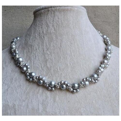 New Arrival Favorite Pearl Wedding Fine Jewelry Gray Real Freshwater Pearl Rhinestone Flower Necklace Nice Women Gift