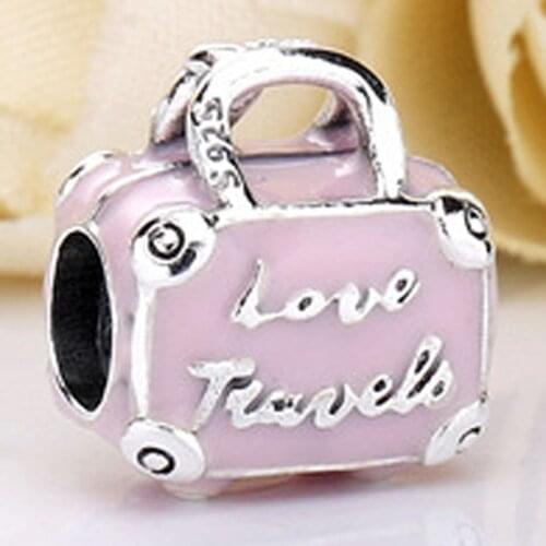 Original Pink Enamel Travel Bag Suitcase Love Travels Beads Fit 925 Sterling Silver Charm Bracelet Bangle Diy Jewelry