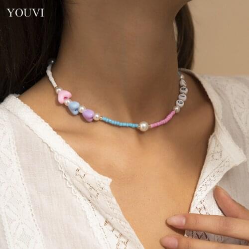 YOUVI Handmade Colorful Beads Necklace Fashion Letter Choker for Women Rainbow Jewelry on the Neck Accessories Collar