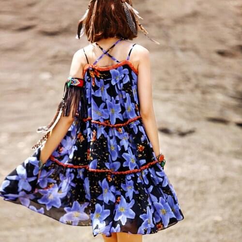 Summer Women sukienka Bohemia Beach Casual Loose Sleeveless Strapless Blue Floral Print Chiffon A-line Short Sling Dress vestido