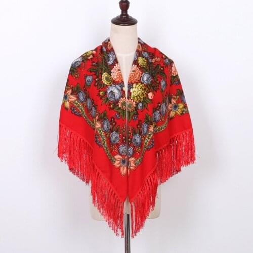 Scarf New Fashion Women Printed Square Shawl Russian Women Wedding Retro Cape Lady Tassel Ethnic Cotton Autumn Scarves Tippet