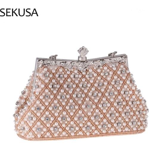 Bucket Women Evening Bags Beading Handmade Style Diamonds Chain Shoulder Day Clutch With Handle Chain Party Bags