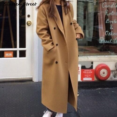 Vintage Long Woolen Jacket for Woman Thicken Oversized Blends Coats Female Double Breasted Korean Fashion Streetwear Clothes
