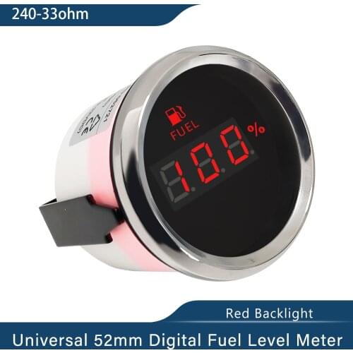 Waterproof 52mm Digital Fuel Level Gauge Meter 0-190ohm Signal With Red Backlight 12V/24V for Car Boat