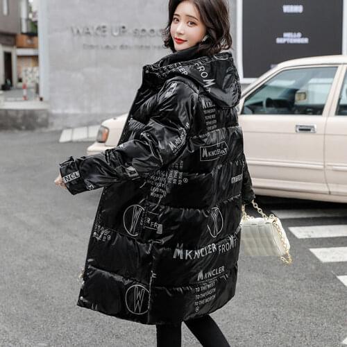 Glossy Wash-Free Mid-Length Padded Jacket Womens Parkas Winter 2021 New Bread Coat Hooded Thicker Letter Printed Cotton Coat