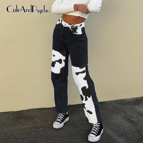 Cow Printed Patchwork Womens Y2K Jeans Streetwear Vintage Straight Denim Pants High Waisted Aesthetic 90s Trouser Cuteandpsycho