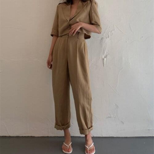 Office Lady Blazer Suits Vintage Two Piece Set Women Short Sleeve Short Blazer + High Waist Straight-Leg Pants 2 Piece Outfits