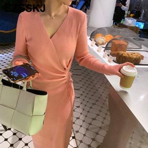Pure 2021 thick dress warm autumn winter maix sweater dress women bodycon v-neck Drawstring long dress female slim elegant dress