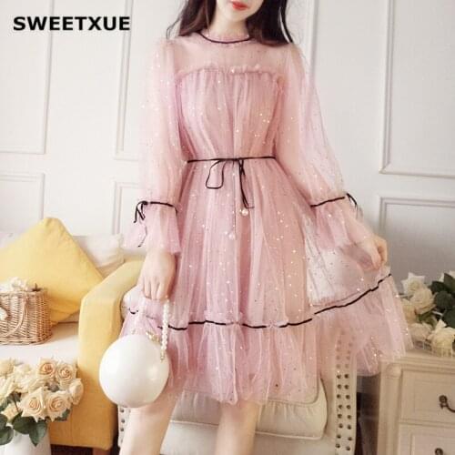 SWEETXUE Spring Autumn New Fashion Female O-neck Stars Sequined Mesh Fairy Dress Women Elegant Casual Puff Party Dresses vestido
