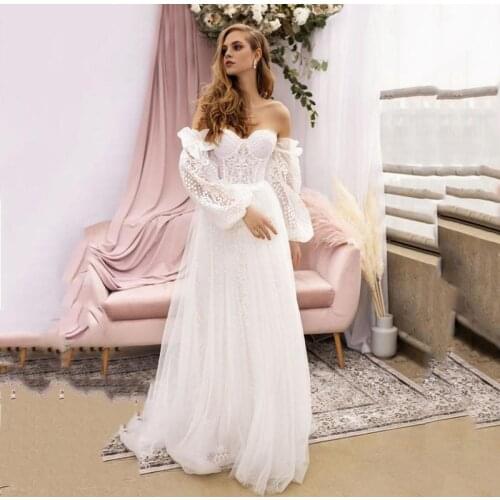 Boho Wedding Dress 2021 Sweetheart Off The Shoulder Lace Puffy Sleeves Princess Elegant Wedding Gown Bride Dresses