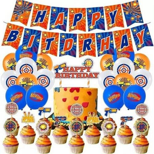 1set Dart War Balloons Nerf Series Blasters Theme Happy Birthday Banner Decoration Dart War Party Fovor Cake Topper Kids Toy