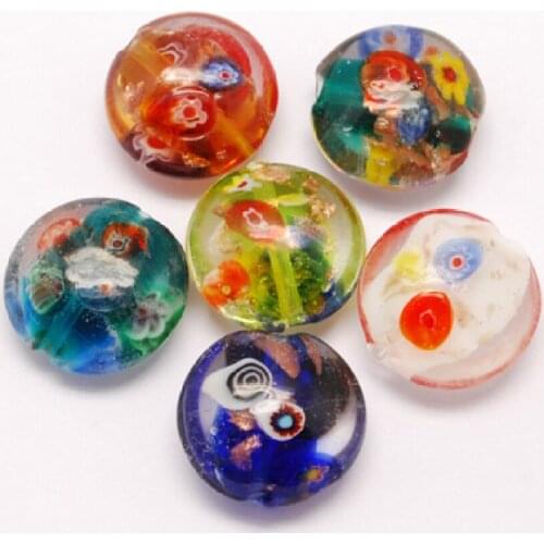 10pcs Flat Round Handmade Gold Sand Millefiori Glass Lampwork Beads 20mm for Jewelry Making DIY Necklace Bracelet Mixed Color