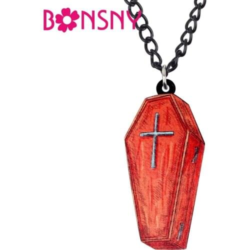 Bonsny Acrylic Halloween Coffin Casket Necklace Pendant Chain Choker Fashion Punk Jewelry For Women Girls Decorations Party Gift