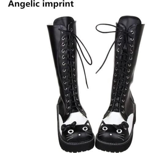 Angelic imprint mori girl Women platform punk cosplay shoes lady lolita Boots woman Mid heels boots wedges lovely car face 5cm