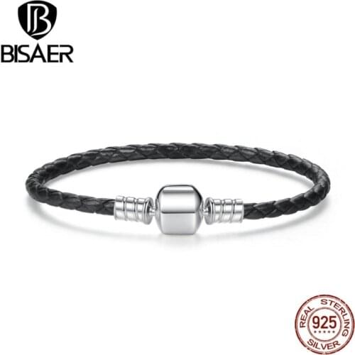 BISAER Popular 925 Sterling Silver Genuine Leather Bracelets with Snake Chain Unisex DIY Bracelet Fashion Jewelry WEUS911