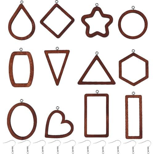 12Pcs Wood Open Bezel UV Resin Blank Frame Charms Pendants With DIY Earrings Hook Link Necklace Jewelry Making