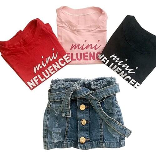 2Pcs Kids Baby Girl Princess Clothes Set Letter Print Short Sleeve T-Shirt Top +Denim Button Skirt Children Summer Outfits Sets