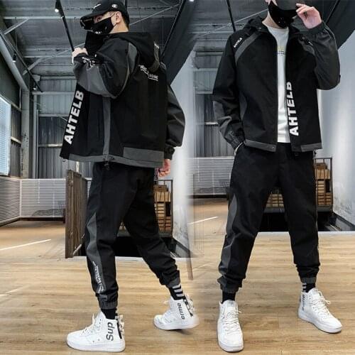 Men cargo pullover streetwear hooded tracksuit 2 pieces sets spring and autumn hip hop jackets and loose pants male