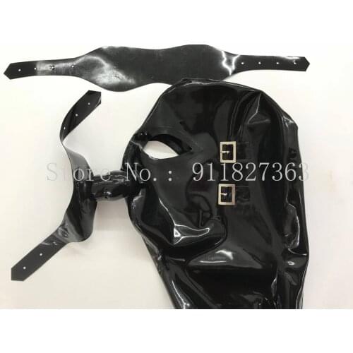 Handmade Black Unisex Latex Hood with Eyes Mouth Cover Plug Gag Attached to Mouth Piece