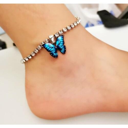 Colorful Rhinestone Butterfly Anklet Adjustable Metal Chain Women Fashion Chic Leg Foot Chain Jewelry Summer Beach