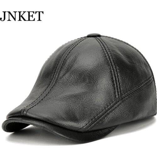 JNKET Fashion Mens Cowhide Peaked Cap Duckbill Cap Winter Earflaps Hat Leisure Beret Hat Flat Cap Casquette Gorras