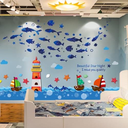 [SHIJUEHEZI] Blue Fish Stars Wall Stickers DIY Cartoon Boats Lighthouse Mural Decals for Kids Rooms Baby Bedroom Home Decoration