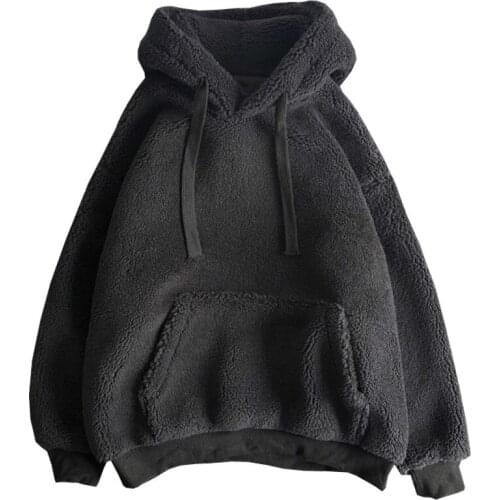 New Autumn and Winter Lamb Plush Men Hoodie Loose Pockets Plus Velvet Thick Solid Color Drawstring Man Sweatshirt Hooded