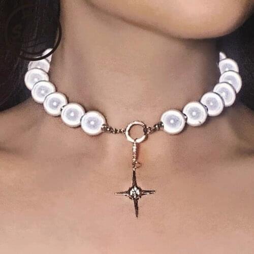 Sella 2021 New Trendy Women Niche Design Cross Necklace Luminous Beads Clavicle Chain Street Party Chocker