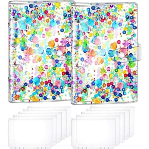 2Pc A6 Size 6 Holes Binder Cover Glitter Quicksand Soft PVC Planner Protector Glitter Budget Binder with 10Pcs A6 Binder