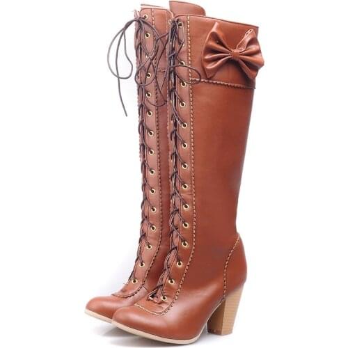 Autumn Winter Lolita Knee High Boots Sweet Women PU Leather Long Riding Shoes Round Toe Block Heels Bowtie Lace Up Uniform Party