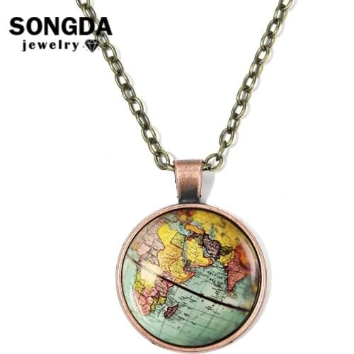SONGDA World Map Wanderlust Dome Necklace Retro Globe Earth Art Photo Necklaces Pendants Outdoor Jewelry Friends Graduation Gift