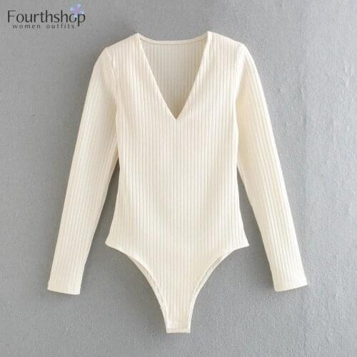 Casual Long Sleeve Bodysuit Sexy V Neck Knitted Tops Fashion Tees Female Elastic Romper 2021 Summer Autumn Stripe Women Clothing