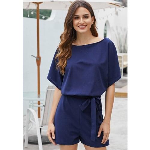 Casual Womens Playsuit Summer Girls Short Playsuits Solid Short Sleeve Loose High Waist Jumpsuit Female Thin Sexy Blue Romper