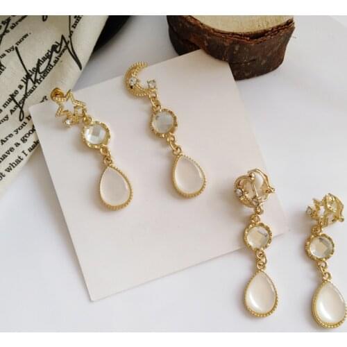 Korean Style Fresh Opal Water Drop Shaped Temperament Long Clip on Earrings Asymmetric Star Moon Ear Clip Earrings No Piercing