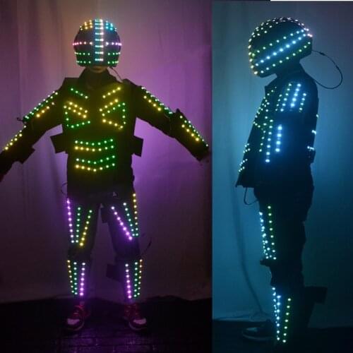 Stage dance luminous armor RGB full colo led robot costume helmet nightclub bar light show mechanical dance clothes