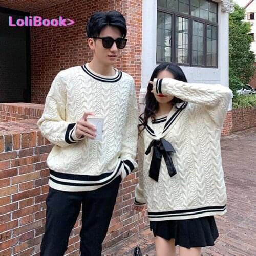 Lolibook Preppy Style Couple Sweater Men Women Fashion Sweater Lolita Girl Sweet Navy Collar Sweater Couples Harajuku Sweater