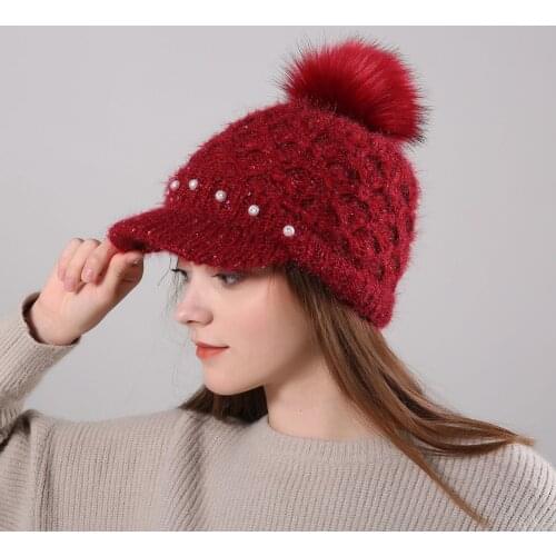 Ladies Velvet Warm Wool Cap Girls Pearl Diamond Rabbit Hair Pompom Hat Fashion Knitted Cap Comfortable Casual Visors Hat B-8449