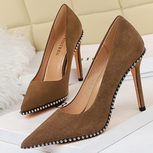 2021 Fashion Women Khaki Black 10.5cm Extreme High Heels Pumps Suede Scarpins Stripper Rivets Club Heels Party Shoes Plus Size