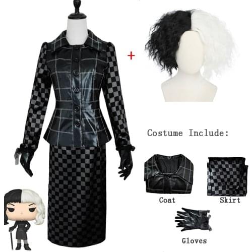 Anime Cruella Cosplay Costumes Performance Dress Cruella De Vil Wig Women Faux Leather Skirts Movie Costume Set Halloween Party