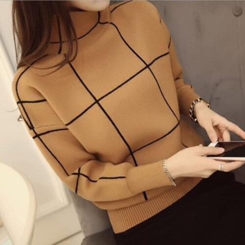 Womens sweater Pullover Autumn Winter High Collar Thick Warm Plaid knit Bottoming Sweater Women Elegant Jumper Tops AA34