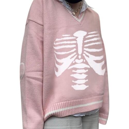 Women Knit Sweater, Adults Preppy Style Skeleton Print Long Sleeve V-neck Loose Pullover Autumn Winter