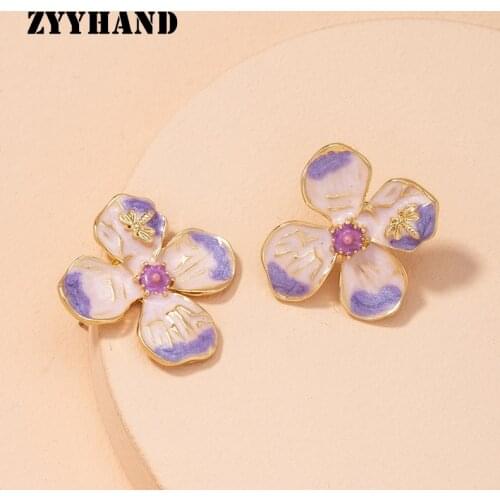 Golden Color Women Flower Stud Earring Enameled Dragonfly Petal Blueing Enameling Girl Ear Jewelry Party Cute Jewellery