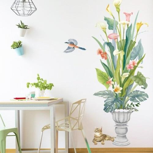 116*46cm Removable Green Leaf Vase Wall Stickers for Living room Bedroom Background Wall Murals Vinyl Kitchen Wall Decals